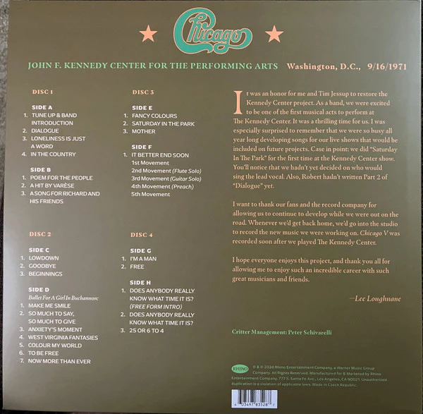 Chicago - At The John F. Kennedy Center For The Performing Arts (9/16/1971) (Used LP) - Image 2
